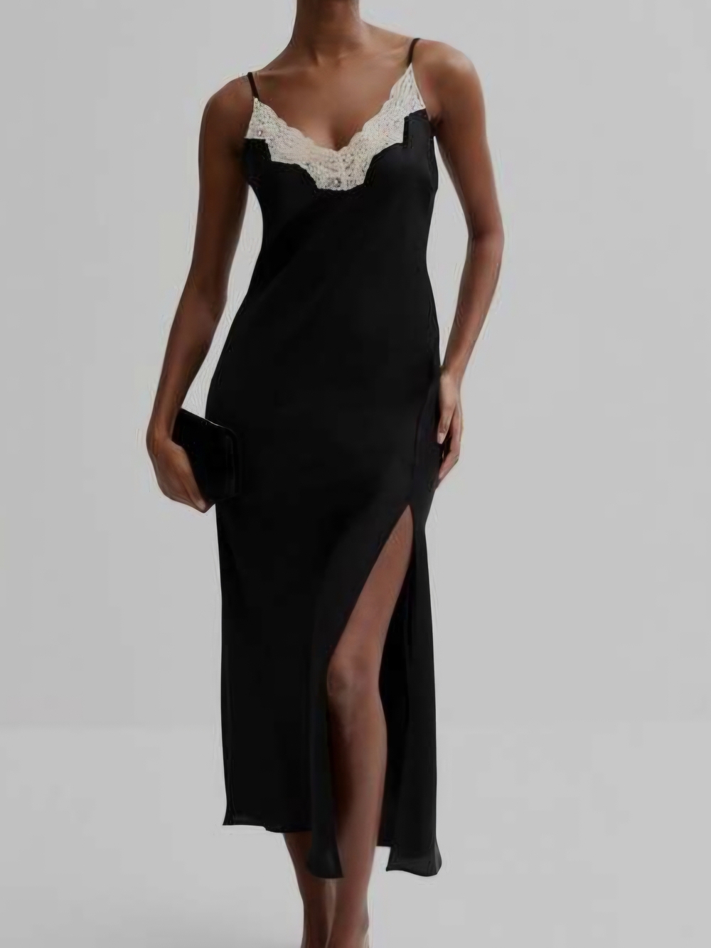 H&M Black Maxi Slip Dress with Cream Lace Trim